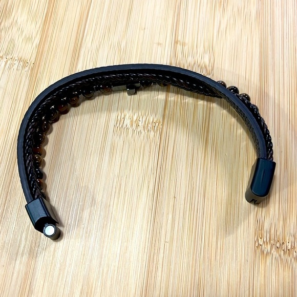 Brand New Men's Beaded Braided Leather Metal Cross Bracelet Magnetic Clasp - Picture 10 of 15